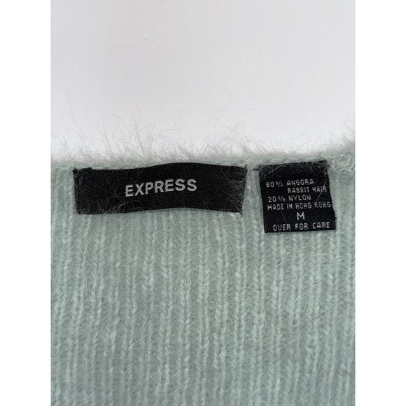 Vtg Express Angora Rabbit Hair Sweater V Neck Y2K Crop Fairy Fuzzy Soft Mint Med - Picture 9 of 13